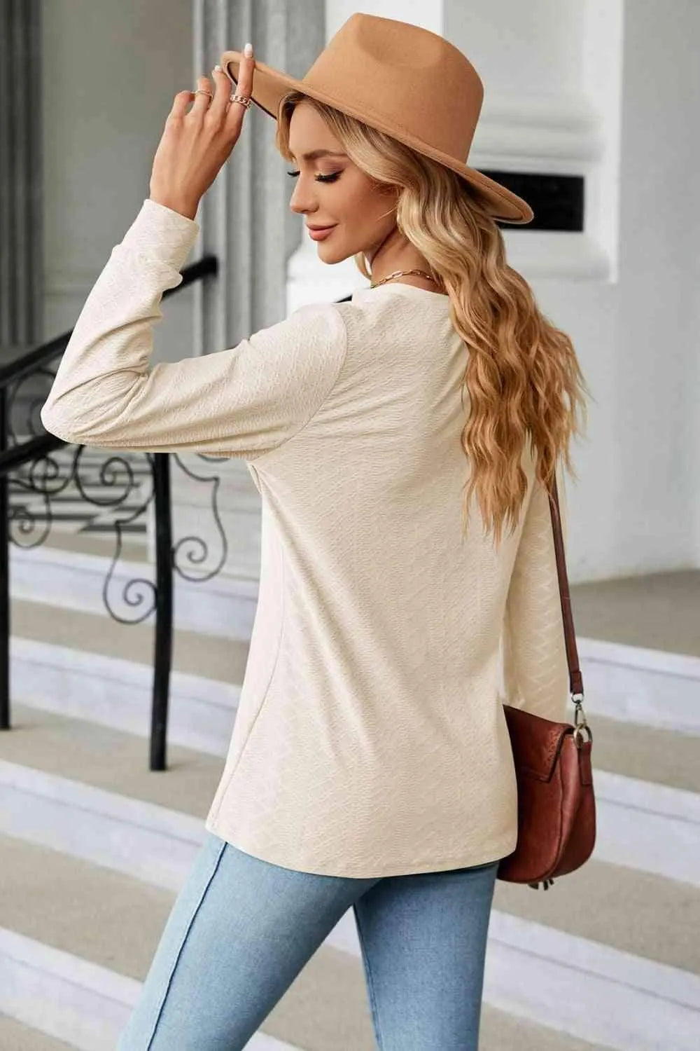 Notched Neck Long Sleeve Buttoned Blouse Blouses - Tophatter Daily Deals