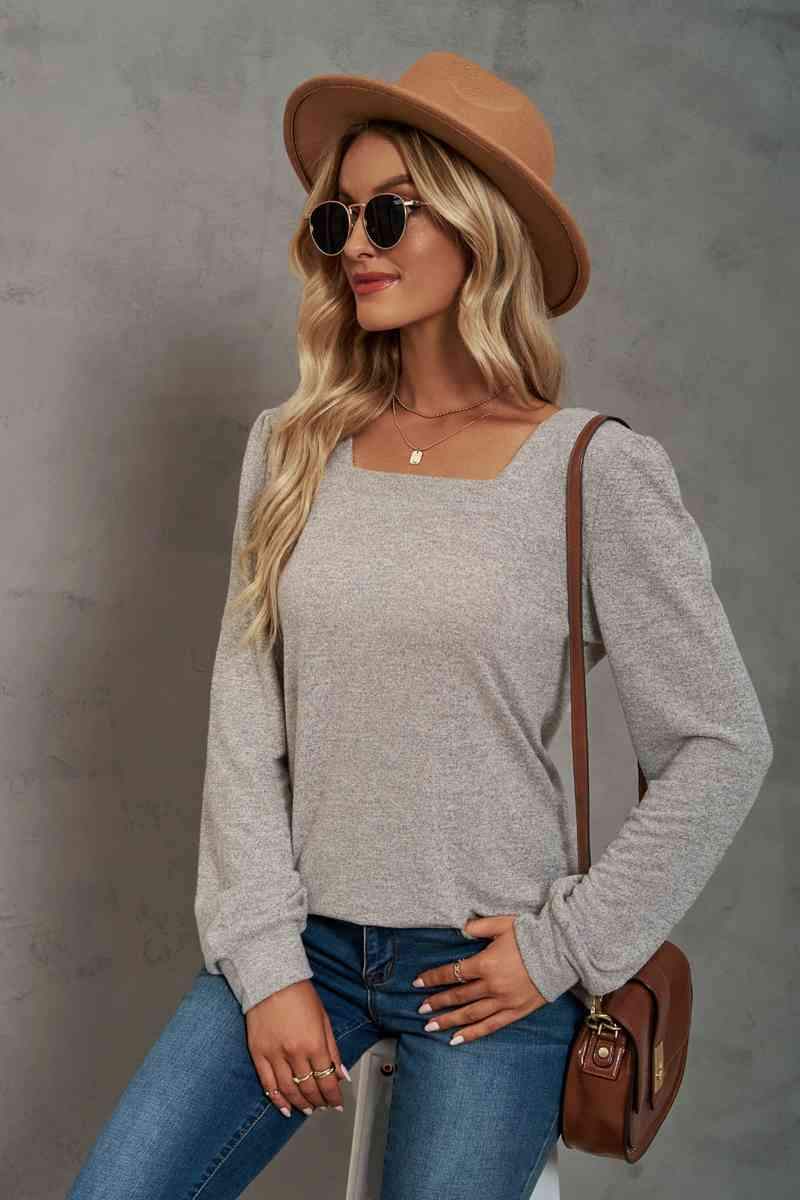 Heathered Square Neck Long Sleeve T-Shirt Women's T-Shirts - Tophatter Daily Deals