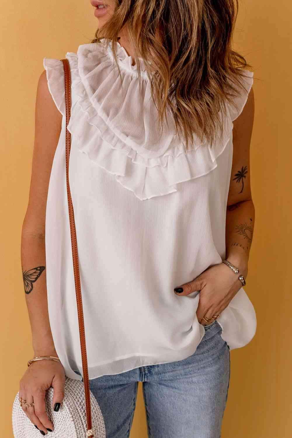 Ruffled Tulle Sleeveless Top Blouses - Tophatter Daily Deals