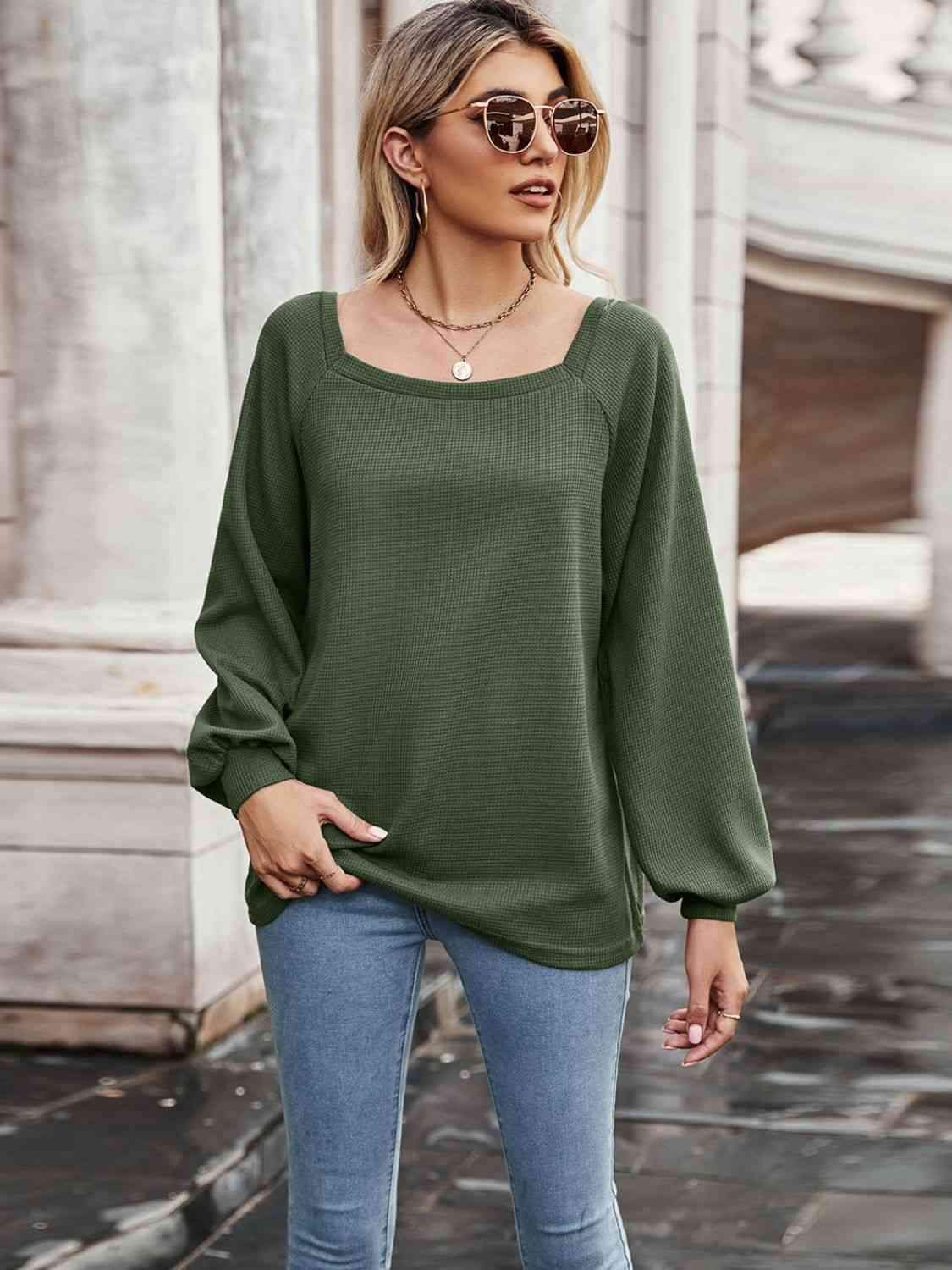 Waffle-Knit Square Neck Raglan Sleeve Tee Army Green Women's T-Shirts - Tophatter Daily Deals