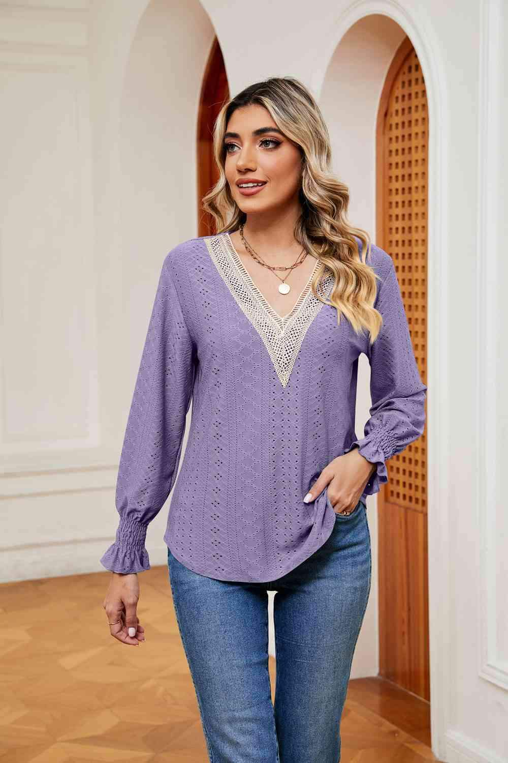 Contrast Flounce Sleeve Blouse Lavender Blouses - Tophatter Daily Deals