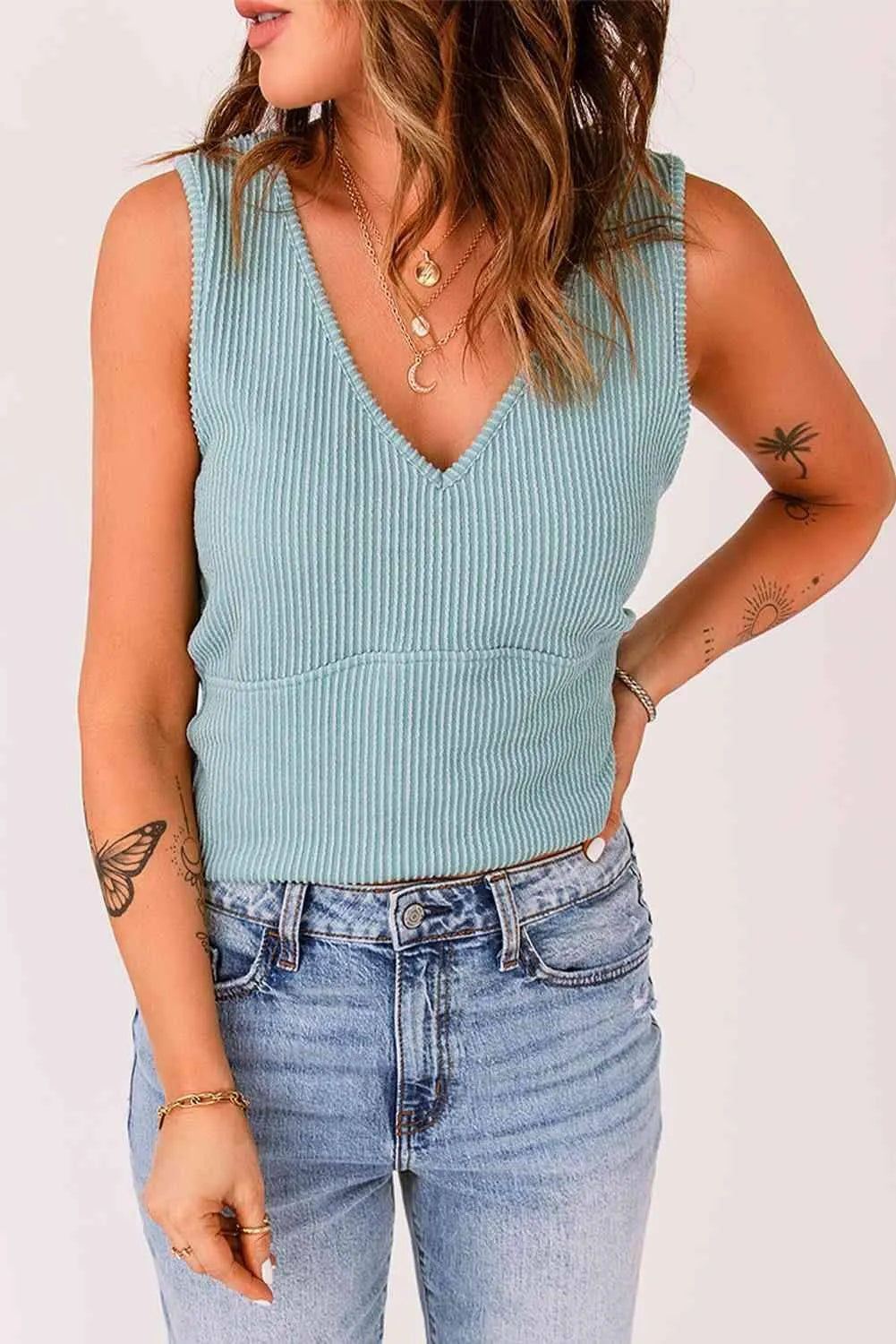 V-Neck Ribbed Top Green M Blouses - Tophatter Daily Deals