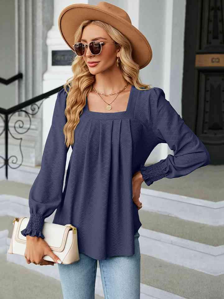 Square Neck Puff Sleeve Blouse Peacock Blue Women's T-Shirts - Tophatter Daily Deals