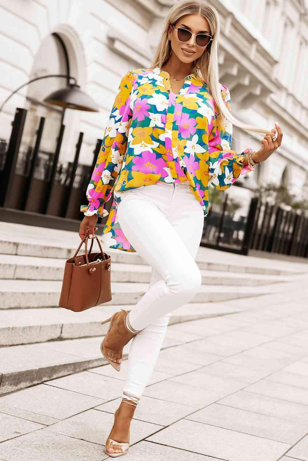 Floral Print Notched Neck Lantern Sleeve Blouse Blouses - Tophatter Daily Deals