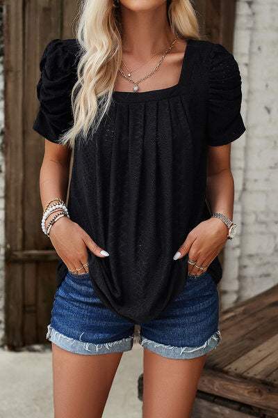 Eyelet Square Neck Puff Sleeve T-Shirt Women's T-Shirts - Tophatter Daily Deals