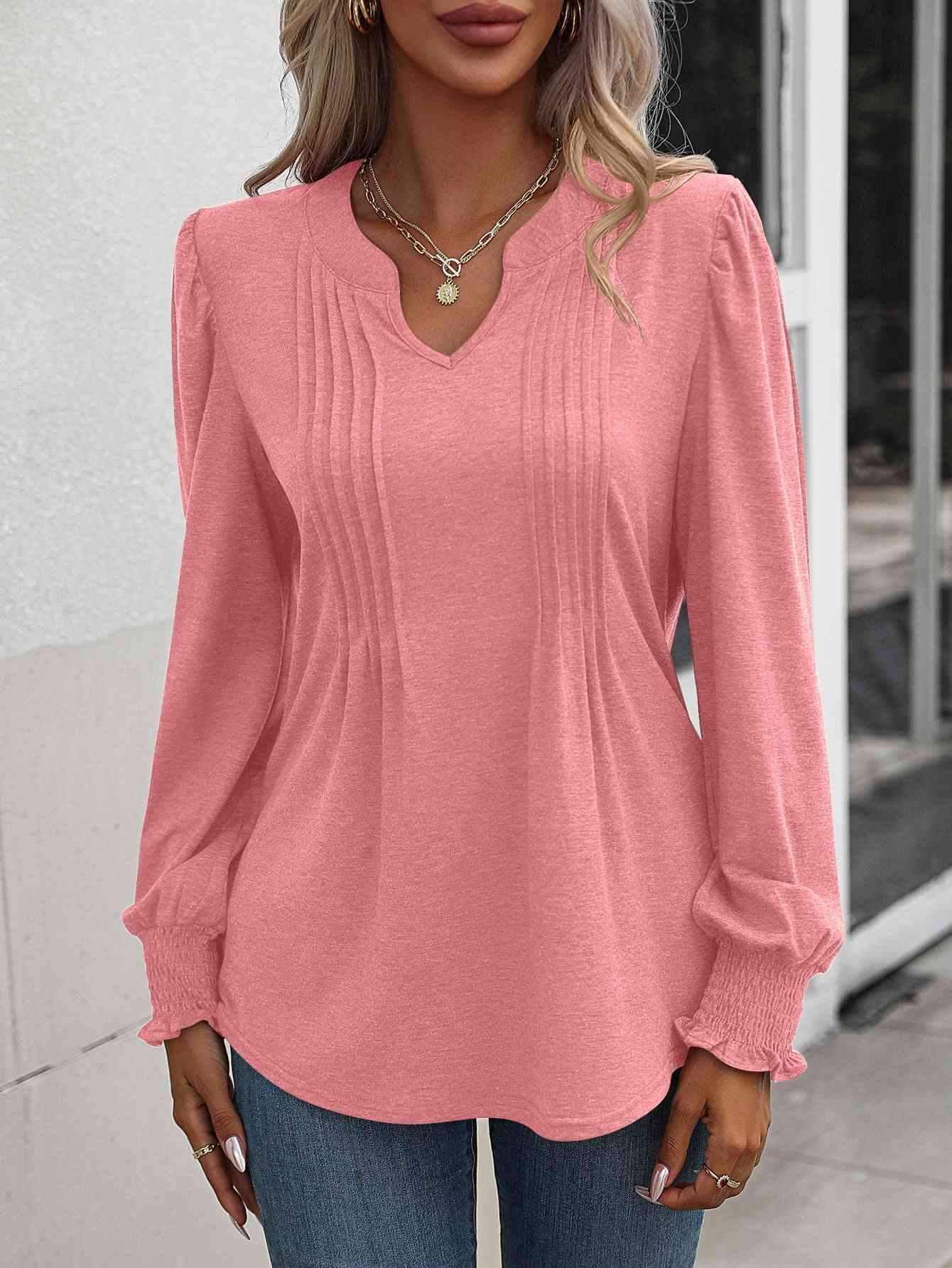 Ruched Notched Neck Puff Sleeve Smocked Wrist Blouse Burnt Coral Blouses - Tophatter Daily Deals