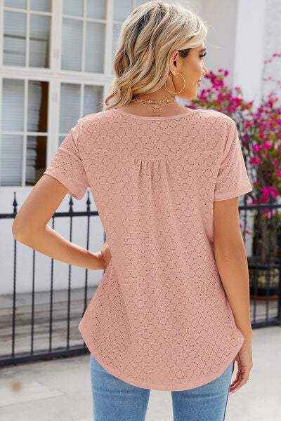 Eyelet Quarter Button Short Sleeve T-Shirt Women's T-Shirts - Tophatter Daily Deals