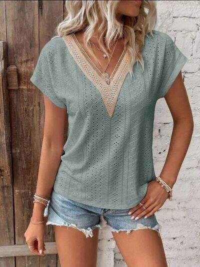 Eyelet V-Neck Short Sleeve T-Shirt Sage Women's T-Shirts - Tophatter Daily Deals