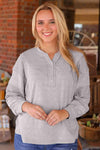 Waffle Buttoned Long Sleeve Top Charcoal Blouses - Tophatter Daily Deals