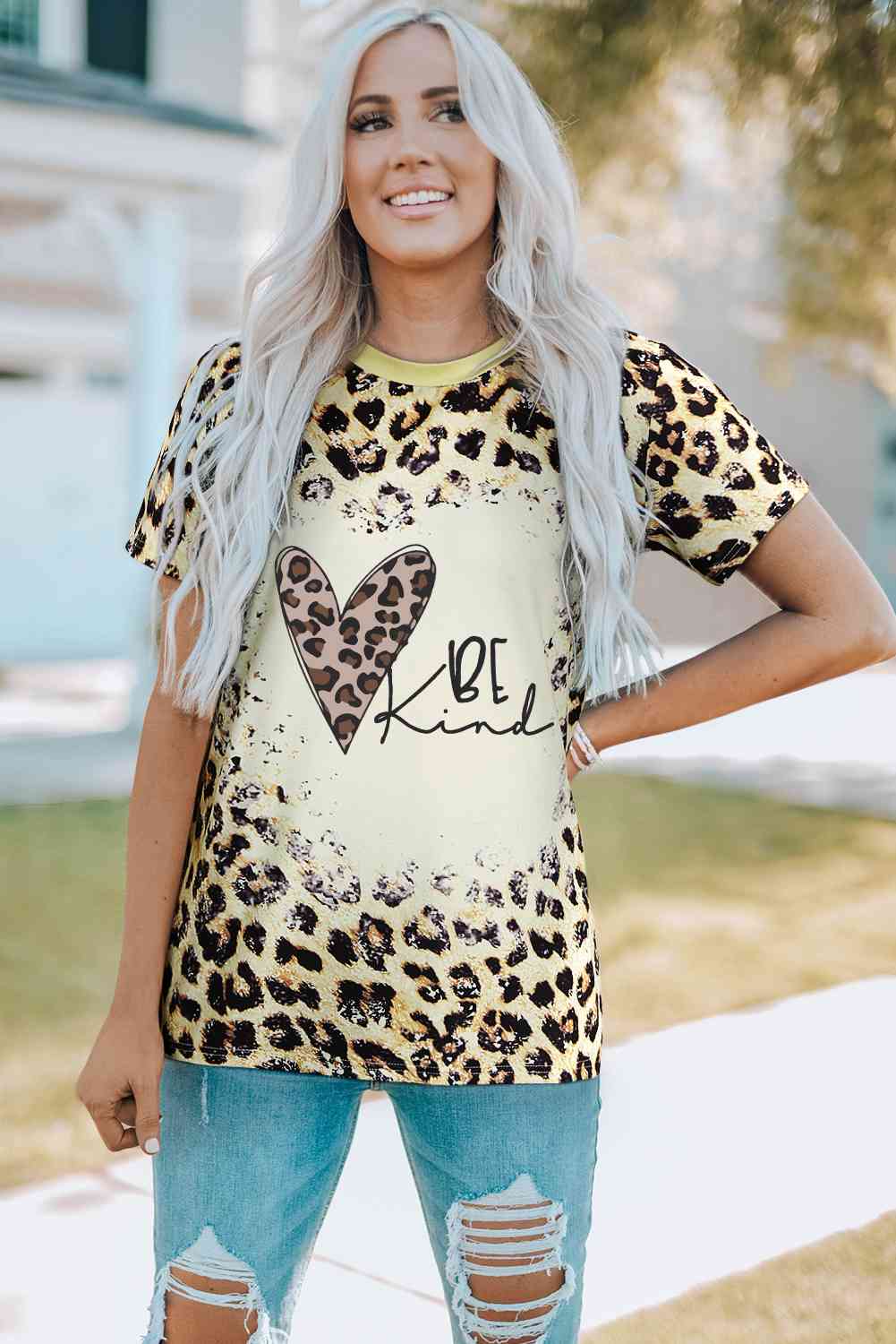 BE KIND Heart Graphic Leopard Round Neck Tee Leopard Women's T-Shirts - Tophatter Daily Deals