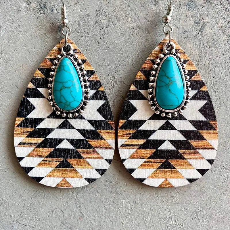 Turquoise Teardrop Shape Wooden Dangle Earrings Style B One Size Earrings - Tophatter Daily Deals
