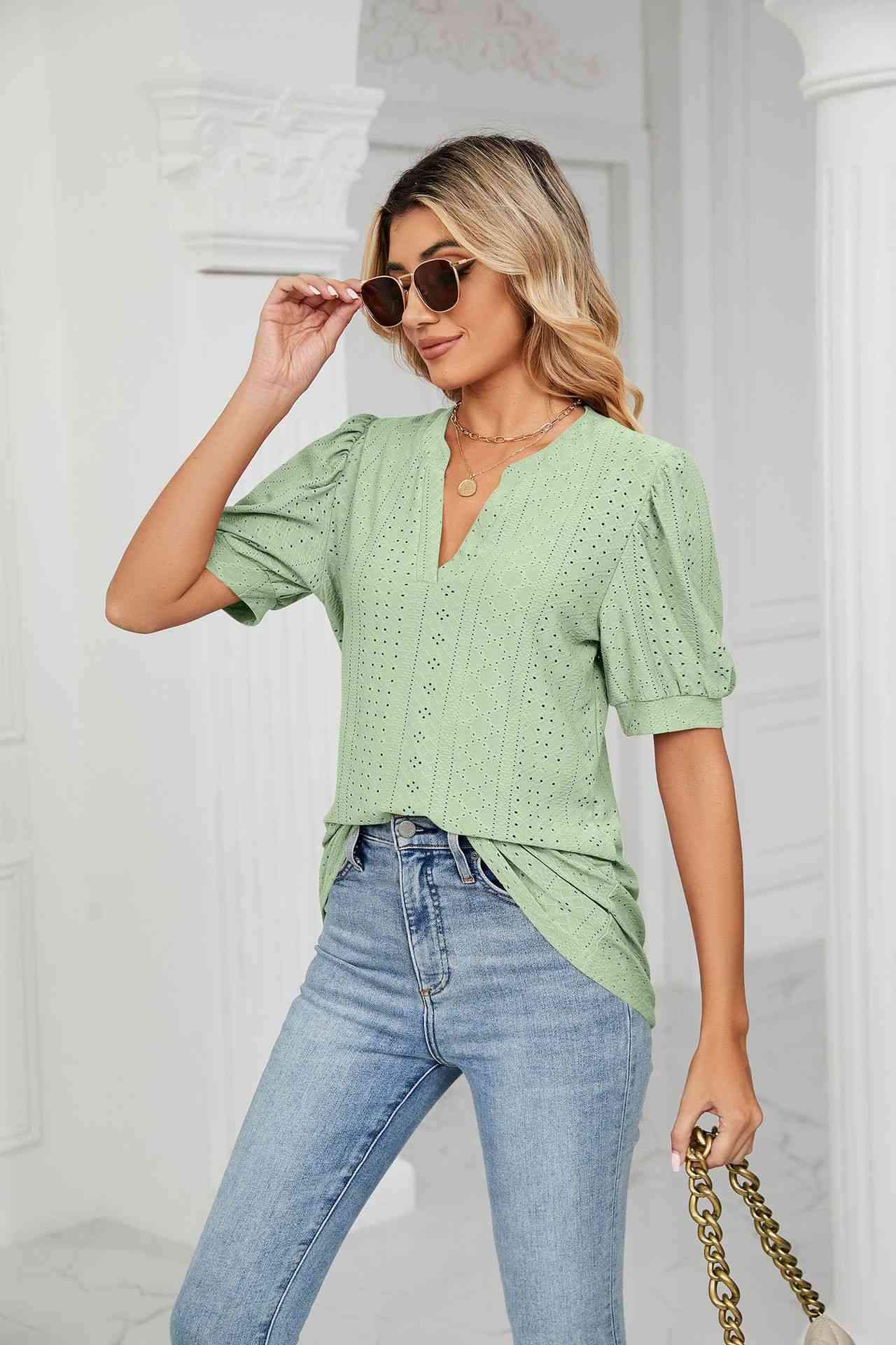 Eyelet Short Puff Sleeve Notched Neck Top Blouses - Tophatter Daily Deals