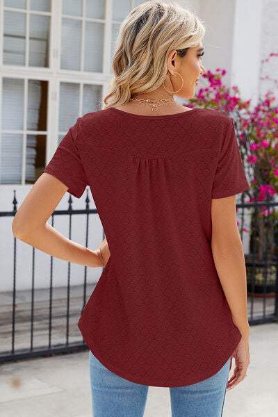 Eyelet Quarter Button Short Sleeve T-Shirt Women's T-Shirts - Tophatter Daily Deals