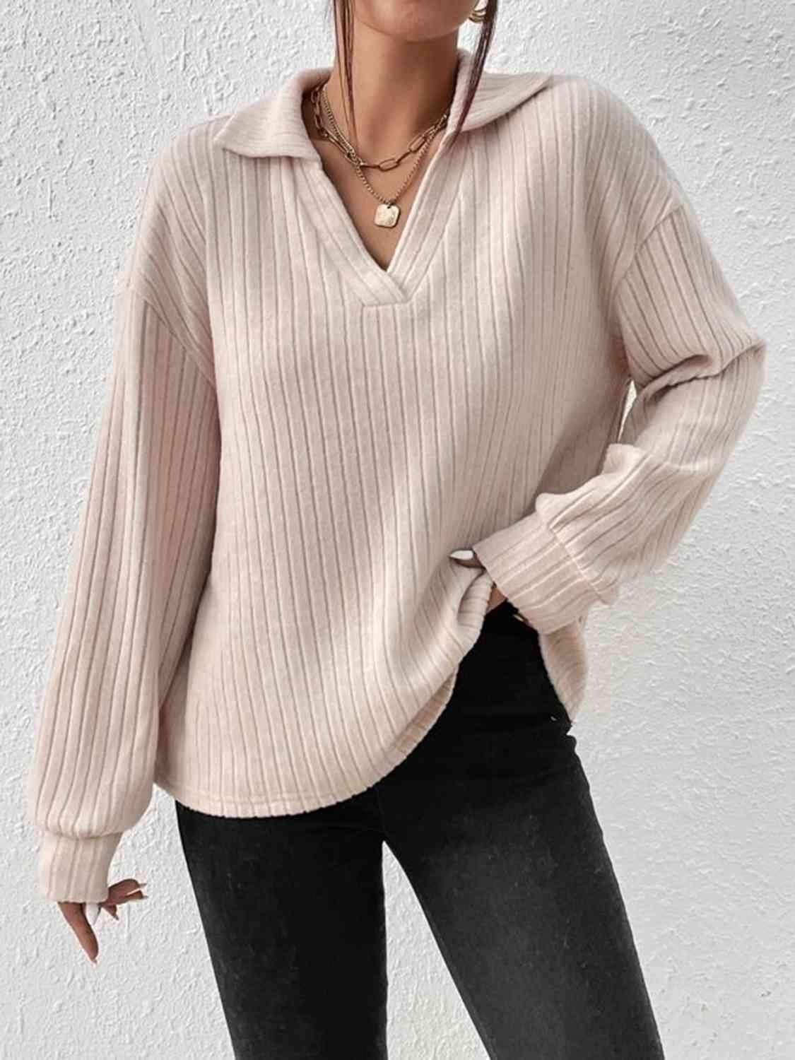 Johnny Collar Ribbed Top Blouses - Tophatter Daily Deals