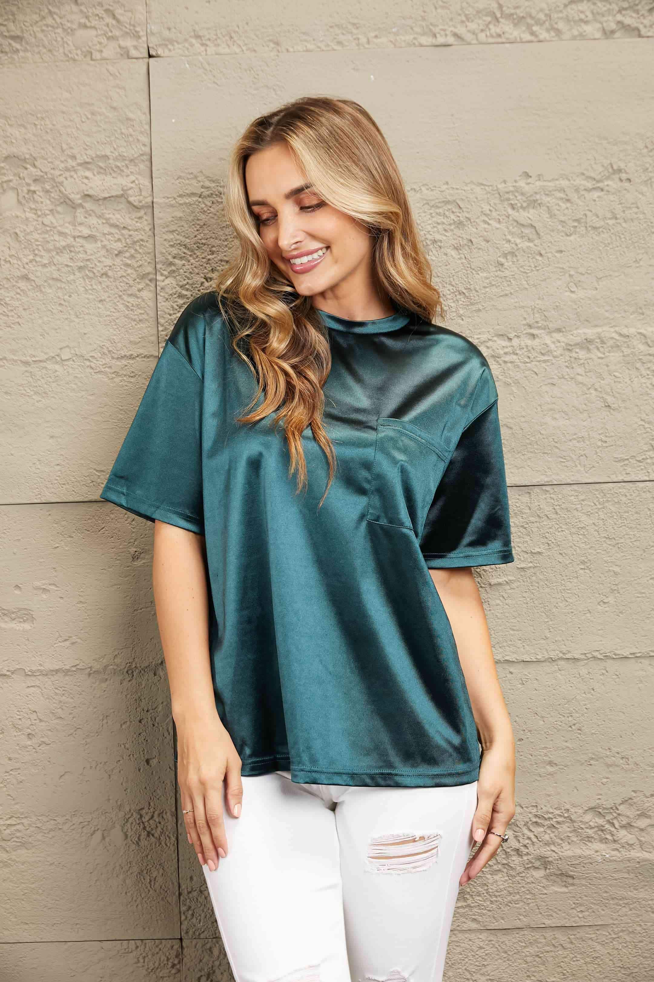 Double Take Round Neck Dropped Shoulder Top Women's T-Shirts - Tophatter Daily Deals