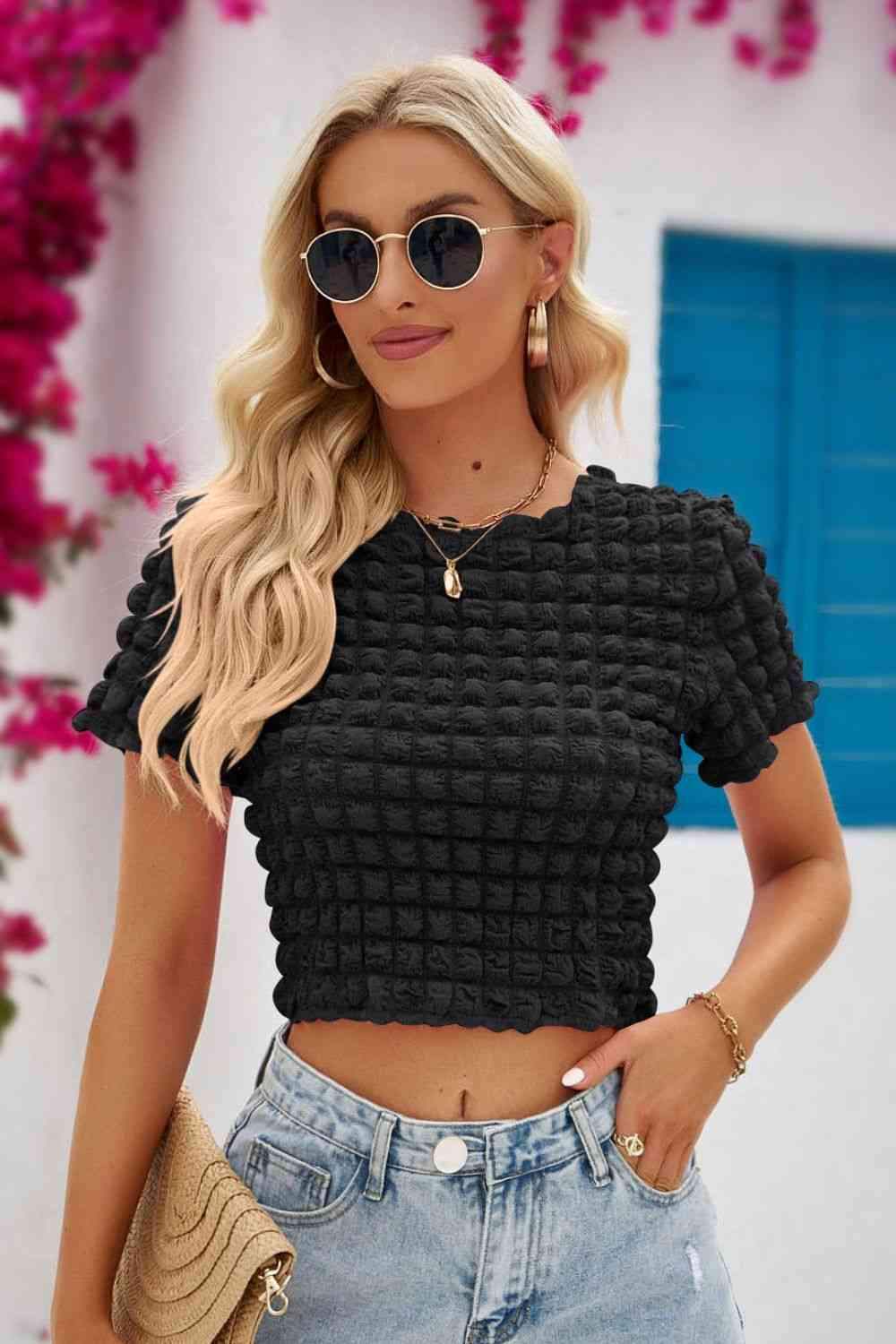 Round Neck Short Sleeve Crop Top Black Blouses - Tophatter Daily Deals