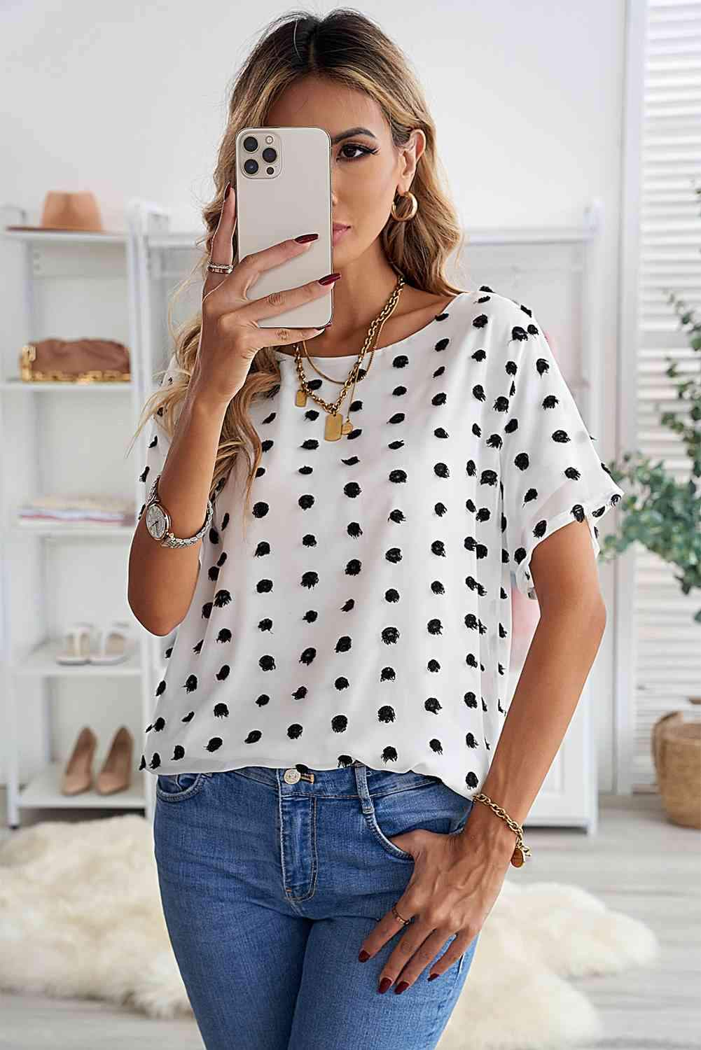 Swiss Dot Round Neck Blouse Blouses - Tophatter Daily Deals