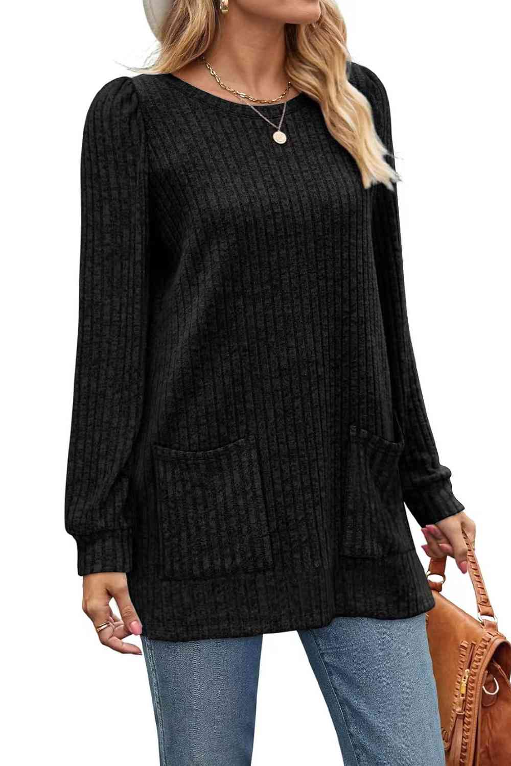 Ribbed Round Neck Long Sleeve T-Shirt Women's T-Shirts - Tophatter Daily Deals