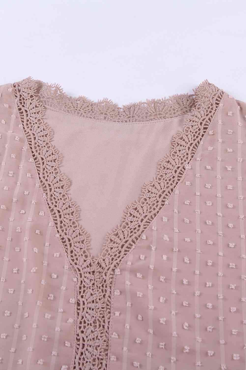 Swiss Dot Lace Trim Plunge Blouse Blouses - Tophatter Daily Deals