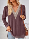 Crochet Contrast V-Neck Long Sleeve Slit T-Shirt Magenta Women's T-Shirts - Tophatter Daily Deals