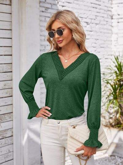 V-Neck Smocked Ruffled Long Sleeve Top Women's T-Shirts - Tophatter Daily Deals