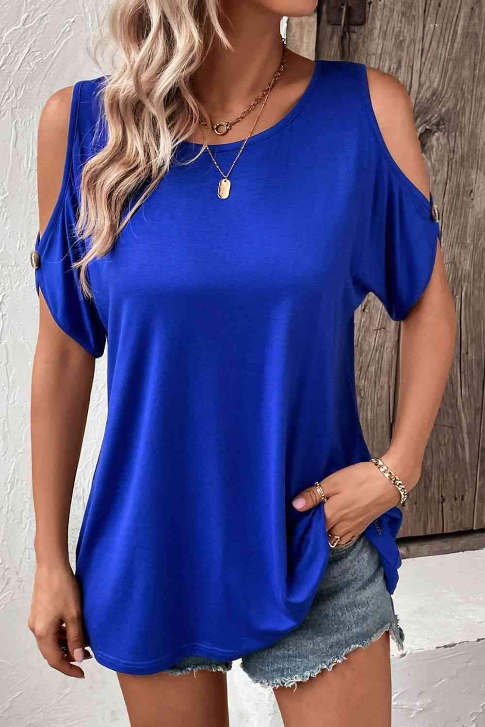 Round Neck Cold-Shoulder Top Royal Blue Blouses - Tophatter Daily Deals