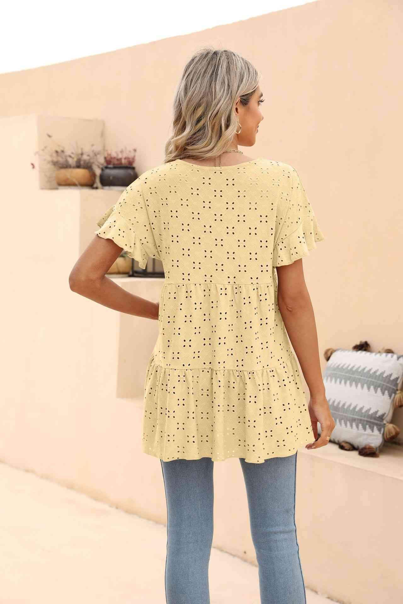 Openwork Round Neck Flounce Sleeve Blouse Blouses - Tophatter Daily Deals