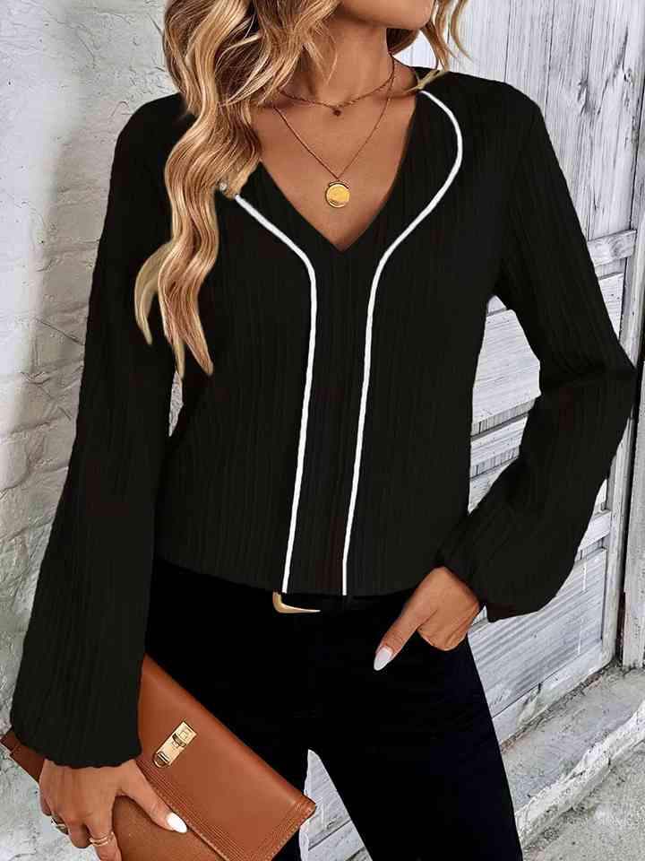 Contrast V-Neck Long Sleeve Blouse Blouses - Tophatter Daily Deals