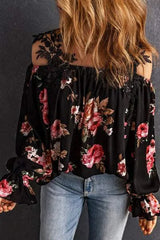 Floral Lace Cold-Shoulder Flounce Sleeve Blouse Blouses - Tophatter Daily Deals