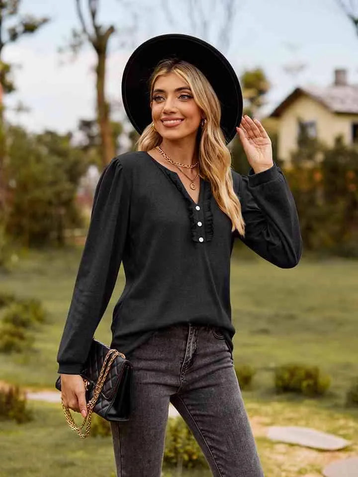 Puff Sleeve Ruffle Trim Blouse Blouses - Tophatter Daily Deals