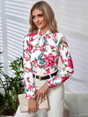 Printed Tie Neck Long Sleeve Blouse Blouses - Tophatter Daily Deals