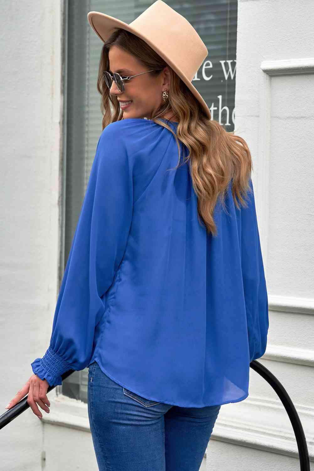 Notched Neck Lantern Sleeve Blouse Blouses - Tophatter Daily Deals