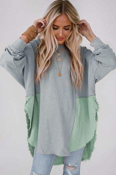 Contrast Texture Round Neck Long Sleeve Blouse Air Force Blue Blouses - Tophatter Daily Deals