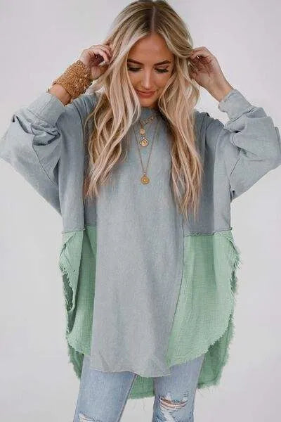 Contrast Texture Round Neck Long Sleeve Blouse Air Force Blue Blouses - Tophatter Daily Deals