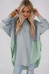 Contrast Texture Round Neck Long Sleeve Blouse Air Force Blue Blouses - Tophatter Daily Deals