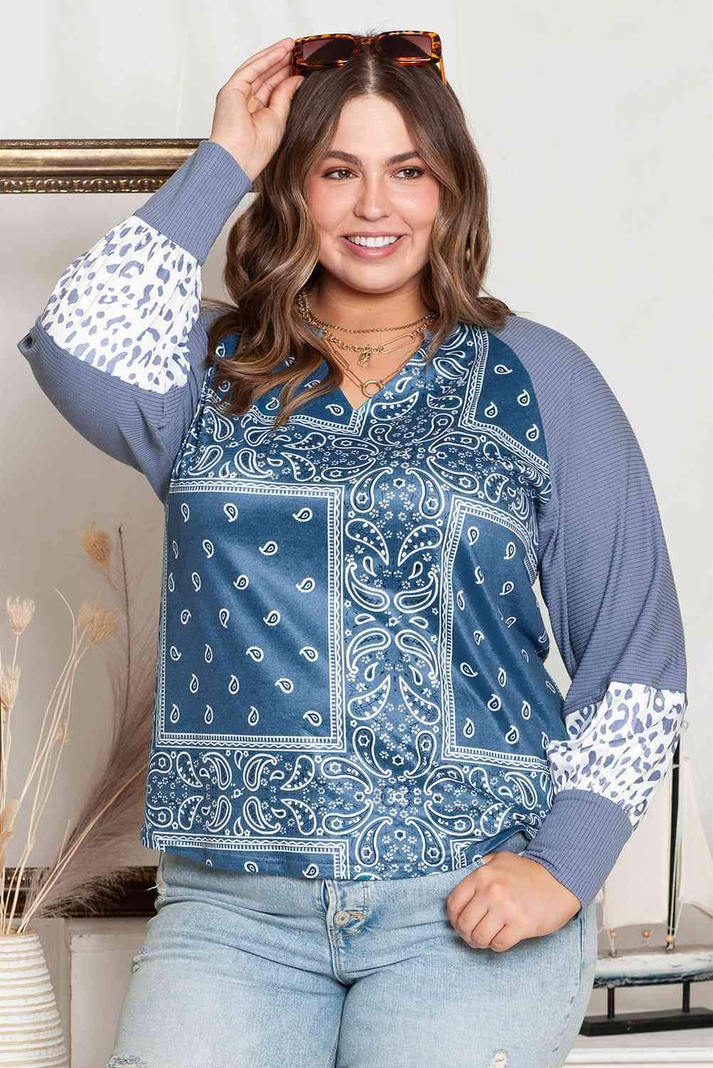 Plus Size V-Neck Printed Raglan Sleeve Blouse Dusty Blue Blouses - Tophatter Daily Deals