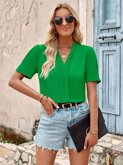 V-Neck Short Sleeve Blouse Blouses - Tophatter Daily Deals