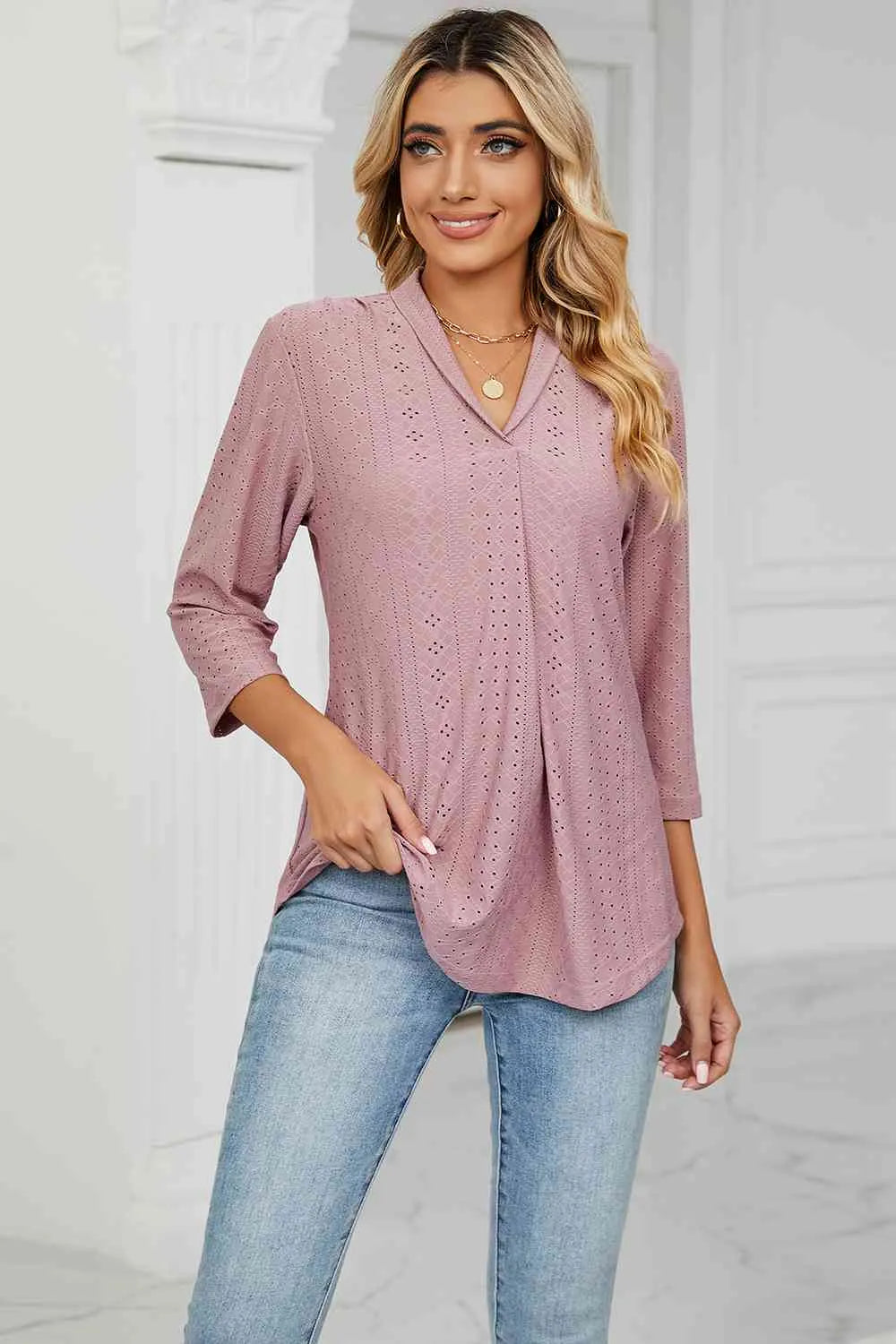 Eyelet Three-Quarter Sleeve Blouse Moonlit Mauve Blouses - Tophatter Daily Deals