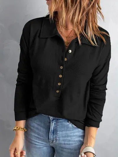 Collared Neck Half Button Top Black Blouses - Tophatter Daily Deals