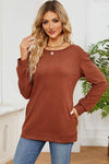 Ruched Round Neck Long Sleeve T-Shirt Caramel Women's T-Shirts - Tophatter Daily Deals