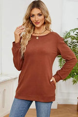 Ruched Round Neck Long Sleeve T-Shirt Caramel Women's T-Shirts - Tophatter Daily Deals