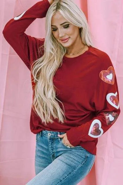 Heart Sequin Round Neck Long Sleeve T-Shirt Women's T-Shirts - Tophatter Daily Deals