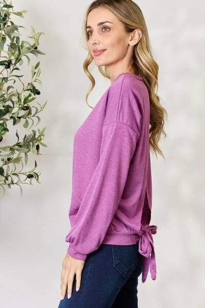 BiBi Tie Back Drop Shoulder Long Sleeve Top Blouses - Tophatter Daily Deals