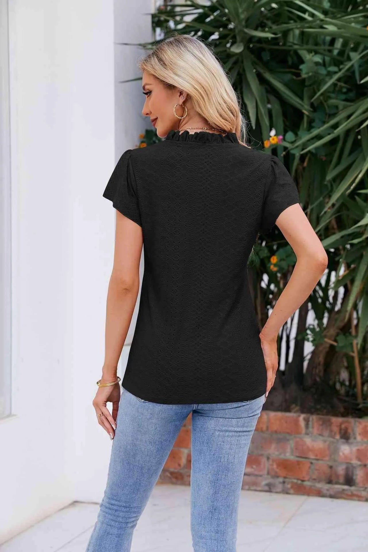 Notched Neck Puff Sleeve Blouse Blouses - Tophatter Daily Deals