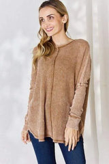 Zenana Oversized Washed Waffle Long Sleeve Top Blouses - Tophatter Daily Deals