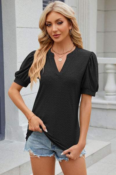 Eyelet Notched Puff Sleeve T-Shirt Women's T-Shirts - Tophatter Daily Deals