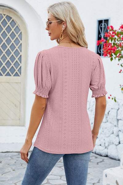 Eyelet Square Neck Short Sleeve T-Shirt Women's T-Shirts - Tophatter Daily Deals