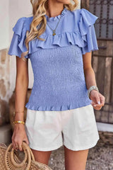 Smocked Tie Back Flutter Sleeve Blouse Blouses - Tophatter Daily Deals