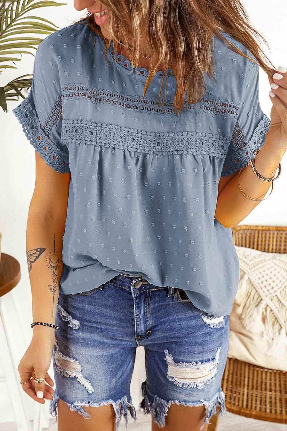 Swiss Dot Decorative Button Short Sleeve Blouse Misty Blue Blouses - Tophatter Daily Deals